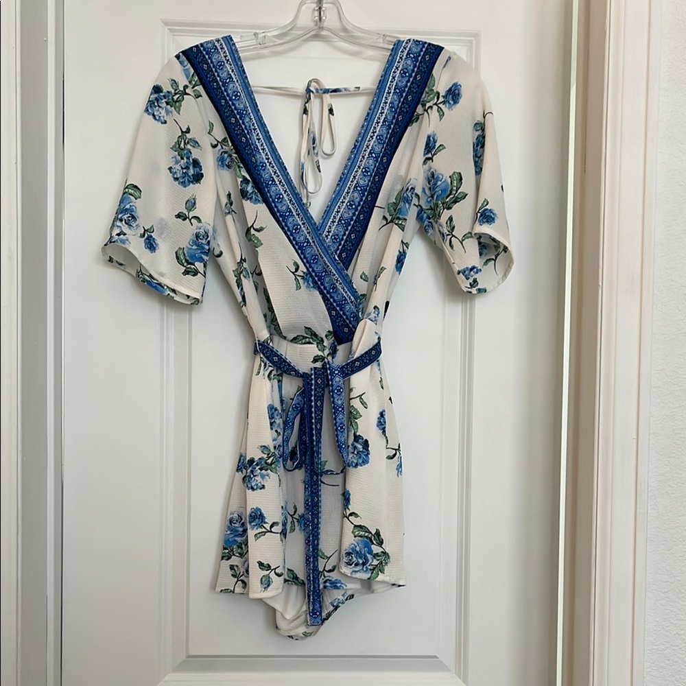 Francesca's Collections Blue and White Floral Jumpsuit